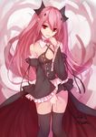  black_legwear black_ribbon breasts detached_sleeves krul_tepes long_hair owari_no_seraph pink_hair red_eyes ribbon small_breasts smile solo thighhighs youxuemingdie 