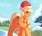  2015 anatomically_correct anatomically_correct_pussy animal_genitalia anus applejack_(mlp) blonde_hair blush butt christmas cutie_mark earth_pony equine equine_pussy female feral freckles friendship_is_magic green_eyes hair hat hi_res holidays horse long_hair looking_at_viewer mammal my_little_pony outside pony pussy ratofdrawn santa_hat smile snow solo tree 