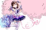  blue_eyes brown_hair dress gloves hairband highres hoshika_ranoe idolmaster idolmaster_cinderella_girls idolmaster_cinderella_girls_starlight_stage long_hair one_eye_closed ribbon sakuma_mayu short_hair smile solo starry_sky_bright thighhighs 