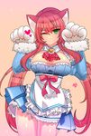  alternate_hair_color animal_ears apron bad_id bad_pixiv_id blue_skirt bow brooch cat_ears cowboy_shot cravat detached_collar elsword expressionless frills futo_20 gloves green_eyes heart jewelry long_hair looking_at_viewer one_eye_closed paw_gloves paw_pose paws red_bow red_hair rena_(elsword) shiny shiny_skin sidelocks skirt solo sparkle twintails 
