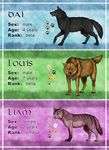  black_fur canine charley-the-dragon claws dai english_text female feral fur green_eyes grin group inner_ear_fluff liam looking_at_viewer louis male mammal model_sheet multicolored_fur orange_eyes orange_fur purple_fur scar text white_nose wolf 