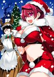  :d antlers apron black_eyes black_hair bow bowtie breasts christmas christmas_tree cleavage glasses gloves hat highres huge_breasts ishida_akira maid-chou_(maoyuu) maou_(maoyuu) maoyuu_maou_yuusha multiple_girls navel night open_mouth purple_eyes purple_hair red_gloves reindeer_antlers sack santa_costume santa_hat smile snowing 