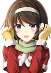  :d alternate_eye_color blush brown_hair capelet christmas close-up commentary face gloves green_scarf hairband highres kantai_collection kuroganeruto long_sleeves looking_at_viewer mittens open_mouth scarf short_hair simple_background smile solo tanikaze_(kantai_collection) upper_body yellow_gloves 