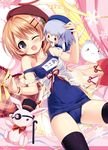  ;d beret black_legwear blush brown_hair cameltoe cane character_doll eyepatch gochuumon_wa_usagi_desu_ka? hair_ornament hairclip hat heart heart_pillow hoto_cocoa kafuu_chino kafuu_chino's_school_uniform looking_at_viewer lying nagayama_yuunon off_shoulder old_school_swimsuit on_back one-piece_swimsuit one_eye_closed open_mouth pillow plaid ribbon school_swimsuit school_uniform short_hair smile solo stuffed_animal stuffed_bunny stuffed_toy swimsuit thighhighs tippy_(gochiusa) top_hat wrist_cuffs 