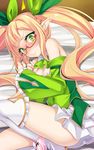  bare_shoulders bed bed_sheet bespectacled blonde_hair blush boots bow bow_panties breast_squeeze breasts cleavage constricted_pupils covering elf glasses green_eyes hair_ribbon long_hair looking_at_viewer lying medium_breasts ogami_kazuki on_side panties panties_around_one_leg panty_pull pink_panties pointy_ears ribbon sennen_sensou_aigis solo spica_(sennen_sensou_aigis) thigh_boots thighhighs twintails underwear wavy_mouth white_footwear white_legwear 