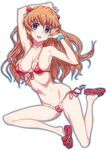  arms_up bikini blue_eyes breasts brown_hair collarbone front-tie_top full_body hairpods halterneck hirose_(mokiki) large_breasts legs_folded long_hair looking_at_viewer lowleg lowleg_bikini navel neon_genesis_evangelion open_mouth outline sandals scrunchie shiny shiny_skin side-tie_bikini simple_background skindentation slippers smile solo souryuu_asuka_langley strap_gap swimsuit upper_teeth white_background wrist_scrunchie 