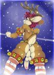  anthro antlers anus balls bbd bell big_butt blue_eyes butt cervine clothing erection fur hair horn legwear looking_back male mammal penis red_hair reindeer short_hair solo stockings thick_thighs uncut 