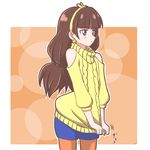  amanogawa_kirara aran_sweater atair bare_shoulders blush brown_hair earrings go!_princess_precure hairband jewelry long_hair off-shoulder_sweater precure purple_eyes shoulder_cutout solo star star_earrings sweater turtleneck yellow_hairband 