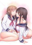  black_hair brown_hair chobipero closed_eyes highres long_hair multiple_girls no_pants original panties pink_panties school_uniform serafuku side-tie_panties underwear yuri 