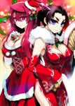  bell black_hair blue_eyes breasts china_dress chinese_clothes christmas cleavage collarbone detached_sleeves dragon_girl dragon_horns dress elbow_gloves fan gift gloves hat highres holly horns huge_breasts ishida_akira karyuu_koujo large_breasts long_hair looking_at_viewer maou_(maoyuu) maoyuu_maou_yuusha multiple_girls purple_hair santa_hat sleeves_past_wrists smile white_gloves 
