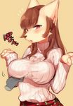  artist_request big_breasts blush breasts brown_eyes brown_hair canine clothed clothing dog duo female furry hair japanese_text ksyaro long_hair looking_at_viewer mammal open_mouth red_eyes surprise sweater text translation_request unknown_species 
