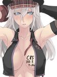  alisa_ilinichina_amiella blue_eyes blush boots breasts cabbie_hat el_(egoistic_parade) elbow_gloves fingerless_gloves gloves god_eater god_eater_burst hat large_breasts long_hair looking_at_viewer no_bra open_clothes open_shirt shirt silver_hair solo suspenders 