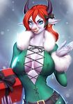  alanscampos anthro big_breasts blue_eyes bovine bow breasts cattle cleavage clothed clothing ear_piercing female fur hair horn long_hair looking_at_viewer mammal piercing red_hair smile solo 