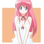  atair bare_shoulders blue_eyes blush bow breasts haramura_nodoka large_breasts long_hair looking_at_viewer pink_hair ribbon saki solo 