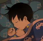  artist_name black_hair car closed_eyes from_above ground_vehicle lying male_focus messy_hair motor_vehicle noeyebrow_(mauve) on_side original pajamas sleeping solo star under_covers 