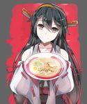  bare_shoulders black_hair blush brown_eyes detached_sleeves food giving hair_ornament hairband hairclip haruna_(kantai_collection) highres japanese_clothes kantai_collection long_hair looking_at_viewer moriya nontraditional_miko noodles pov ramen remodel_(kantai_collection) smile solo 