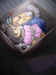  arms_behind_back ball_gag bdsm blue_eyes blush bondage bound box brown_hair gag gagged in_box in_container looking_at_viewer lying on_side original rope shibari shibari_over_clothes short_hair solo tears tripleq 
