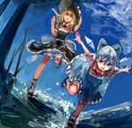  ashiyama_yoshinori bell black_dress blonde_hair bloomers blue_dress blue_eyes blue_hair blue_sky brown_eyes cirno cloud day dress hair_bell hair_ornament hat ice ice_wings kirisame_marisa multiple_girls open_mouth outstretched_arms running sky touhou underwear upskirt wings witch_hat 