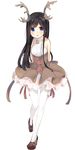  1girl animal_ears antlers ao_no_neko bare_shoulders bell black_hair blue_eyes bow commentary_request dress horns loafers long_hair mary_janes original pantyhose reindeer_antlers shoes skirt solo white_legwear 