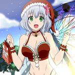  absurdres adapted_costume amagi_brilliant_park bag breasts christmas ferris_wheel galaxyart green_eyes hat highres medium_breasts muse_(amaburi) santa_costume santa_hat shopping_bag short_hair snowing solo 