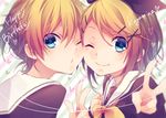  1girl blonde_hair blue_eyes brother_and_sister kagamine_len kagamine_rin kuroi_(liar-player) one_eye_closed short_hair siblings v vocaloid 