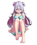  badge barefoot bikini bikini_pull blush erojune feet full-face_blush full_body gakusen_toshi_asterisk green_bikini highres lavender_eyes lavender_hair long_hair looking_at_viewer open_mouth purple_hair simple_background sitting solo sports_bikini swimsuit toudou_kirin two_side_up undressing wavy_mouth white_background 