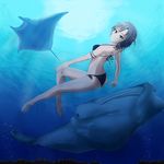  anastasia_(idolmaster) animal aqua_eyes armlet ass barefoot bikini freediving highres idolmaster idolmaster_cinderella_girls light_rays looking_at_viewer looking_back manta_ray ocean short_hair side-tie_bikini silver_hair skindentation solo sunlight swimming swimsuit underwater water 