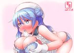  blue_bra blue_eyes blue_hair blue_panties blush bow bow_bra bra breasts commentary_request dated double_bun full-face_blush gloves hands_on_own_chest hat heart heart-shaped_pupils highres kanon_(kurogane_knights) kantai_collection lace lace-trimmed_bra large_breasts long_hair mouth_hold no_pants panties ribbon sailor_hat shirt_in_mouth simple_background solo symbol-shaped_pupils underwear urakaze_(kantai_collection) white_background white_gloves white_hat 