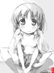  blush breasts gofu greyscale kakura_kurumi kneehighs looking_at_viewer monochrome navel nipples no_bra open_clothes open_shirt saki school_uniform shirt shirt_on_shoulders short_hair sitting sketch skirt small_breasts smile solo spot_color topless traditional_media v_arms 