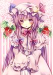  bad_id bad_pixiv_id capelet coat crescent dress food fruit hair_ribbon hat highres long_hair long_sleeves looking_at_viewer mob_cap open_clothes open_coat patchouli_knowledge purple_eyes purple_hair ribbon solo strawberry striped striped_dress touhou tress_ribbon ukita_uuko very_long_hair wide_sleeves 