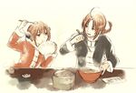  1girl acaco ahoge arm_up blue_eyes braid brother_and_sister brown_hair chinese_clothes chopsticks double_bun eating family food food_in_mouth gintama hair_ornament kagura_(gintama) kamui_(gintama) long_hair long_sleeves looking_at_another open_mouth orange_hair siblings simple_background single_braid smile stick table 