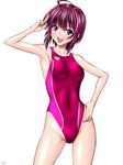  arena_(company) blue_eyes competition_swimsuit gundam gundam_seed gundam_seed_destiny hand_on_hip lunamaria_hawke one-piece_swimsuit purple_hair salute sen_(sansui) short_hair solo standing swimsuit 