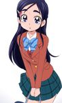  blazer blue_bow blue_eyes bow brown_jacket futari_wa_precure gradient gradient_background green_skirt hair_ornament hairclip jacket long_hair looking_at_viewer manji_(tenketsu) plaid plaid_skirt precure purple_hair school_uniform skirt solo verone_gakuin_school_uniform yukishiro_honoka 