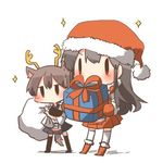  akagi_(kantai_collection) animal_ears antlers black_eyes blush brown_hair carrying christmas gift gloves hat kaga_(kantai_collection) kantai_collection long_hair lowres multiple_girls muneate rebecca_(keinelove) reindeer_antlers reindeer_ears reindeer_tail sack santa_costume santa_hat short_hair side_ponytail sparkle tail 