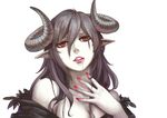  absurdres aoiakamaou bad_id bad_pixiv_id bangs bare_shoulders black_hair blood blood_from_mouth breasts cleavage clenched_teeth demon_horns earrings hair_between_eyes hair_twirling highres horns jewelry large_breasts long_hair looking_at_viewer nail_polish original pale_skin pink_lips pointy_ears portrait red_eyes red_nails simple_background solo teeth white_background 