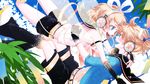  1girl blonde_hair blue_eyes brother_and_sister hair_ornament hair_ribbon hairclip headphones kagamine_len kagamine_rin looking_at_another open_mouth ribbon sakanashi short_hair siblings smile twins vocaloid 