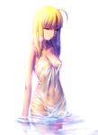  absurdres ahoge artoria_pendragon_(all) blonde_hair breasts cleavage collarbone covered_navel cropped detexted dress fate/stay_night fate_(series) highres long_hair reflection saber scan see-through small_breasts solo takeuchi_takashi third-party_edit wading wet wet_clothes wet_dress white_dress yellow_eyes 