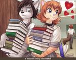  &lt;3 anthro blue_eyes book brown_hair carrying cat clothed clothing collar distracted duo_focus edgar_(iskra) english_text feline female ginger_hair group hair hi_res iskra iskra_(character) konrad_zengel looking_back male mammal pawpads pink_nose school school_uniform tabby_cat text uniform whiskers 