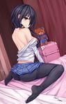  back bed black_hair black_legwear blue_skirt breasts date_a_live hair_over_one_eye highres indoors long_hair looking_at_viewer medium_breasts pantyhose pleated_skirt red_eyes shirt sideboob sitting skirt solo stuffed_animal stuffed_toy teddy_bear tokisaki_kurumi white_shirt youxuemingdie 