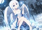  blue_eyes dress long_hair moon night original outdoors rizky_(strated) sitting sky snowflakes solo strapless strapless_dress tree white_dress white_hair white_wings wings 