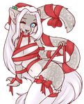  2015 blue_eyes breasts christmas cleavage clothed clothing feline female hair hat holidays holly_(plant) legwear leopard mammal misskyrrin nude one_eye_closed plant ribbons santa_hat solo stockings transparent_backround white_hair wide_hips wink zyira 