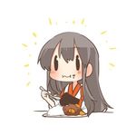  akagi_(kantai_collection) blush brown_hair chibi curry curry_rice eating food food_on_face kantai_collection long_hair lowres plate rebecca_(keinelove) rice solid_oval_eyes solo spoon 