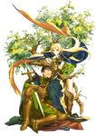  1girl absurdres arm_warmers armor blonde_hair blue_eyes boots brown_hair cape chin_rest deedlit dress elf forehead_jewel green_dress highres leaf long_hair open_mouth parn pointy_ears record_of_lodoss_war rope short_dress short_hair sitting sixa sword transparent_background tree under_tree weapon 