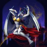  anthro avian beak bra clothed clothing elvofirida feathered_wings feathers female navel skimpy smile solo underwear wide_hips wings 