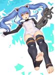  2d armor armpit_cutout armpits barefoot black_armor black_gloves black_legwear blue_hair blush bullpup covered_navel d: eyebrows eyebrows_visible_through_hair feet floating_hair from_below full_body gloves gun hair_ornament holding holding_gun holding_weapon leg_armor long_hair looking_at_viewer nail_polish one-piece_swimsuit open_mouth orange_eyes orange_nails original outstretched_arm p90 rifle school_swimsuit shiny shiny_clothes shoulder_armor skin_tight soles solo submachine_gun swimsuit teeth thighhighs toeless_legwear toenail_polish toes turtleneck twintails weapon white_background white_school_swimsuit white_swimsuit 