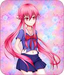  arms_behind_back blue_shirt blue_skirt bow bowtie breasts bysc cleavage collarbone gasai_yuno hair_ribbon highres long_hair midriff mirai_nikki navel pink_eyes pink_hair pleated_skirt red_bow red_ribbon ribbon school_uniform shirt skirt small_breasts smile solo twintails 