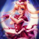  alexandra_mae banned_artist bishoujo_senshi_sailor_moon blonde_hair blue_eyes blurry crescent crescent_earrings double_bun dress earrings gloves hat jewelry lipstick long_hair makeup one_eye_closed open_mouth red_dress red_gloves ribbon santa_hat smile solo sparkle tsuki_ni_kawatte_oshioki_yo tsukino_usagi twintails upper_body watermark web_address 