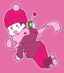  :3 aph_hero artist_name beanie blush cellphone coat hat heart line_(naver) male_focus matsuno_todomatsu monochrome osomatsu-kun osomatsu-san phone pink_background scarf simple_background smartphone smile solo winter_clothes 