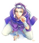  akarito&lt;hito&gt; arslan_senki bad_id bad_pixiv_id bandages earrings gieve green_eyes highres jewelry male_focus purple_hair scarf simple_background sitting solo white_background 