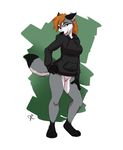  blue_eyes bottomless canine clothed clothing colored fluffy fur grey_fur hair half-dressed hand_on_hip hoodie invalid_color mammal orange_hair pussy simple_background smile standing sweater thelupinprincess_(artist) tilting_head twis wolf 